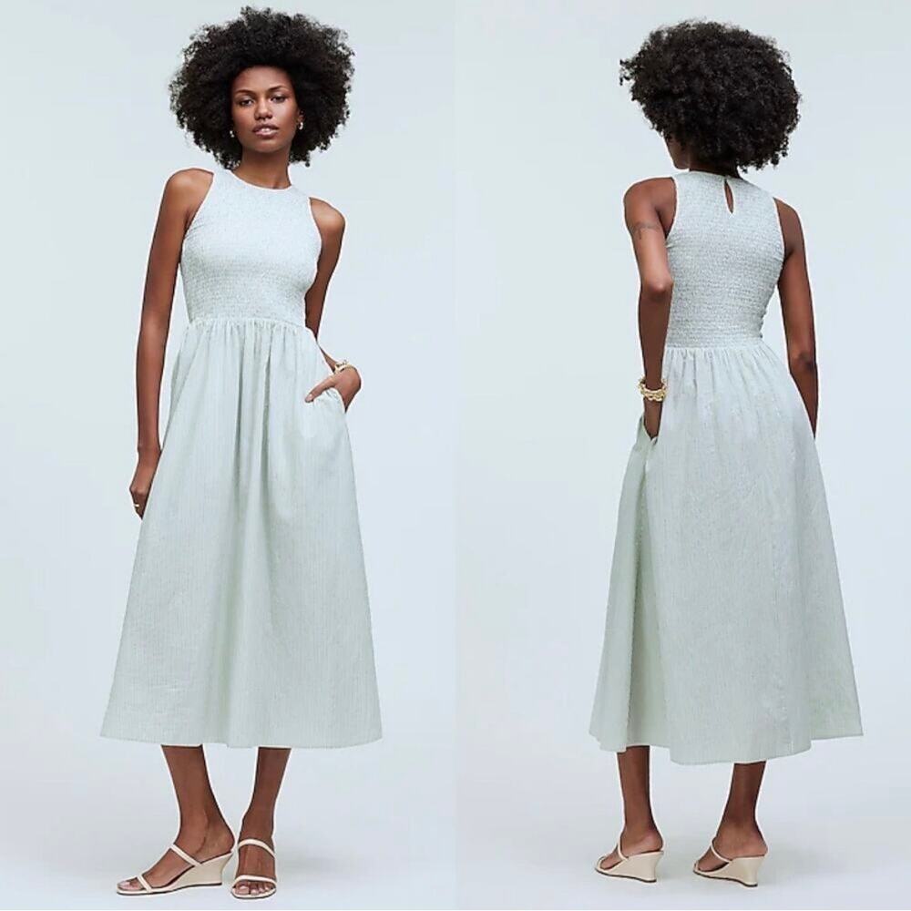 madewell the melody smocked midi dress pistachio stripe np125 women large